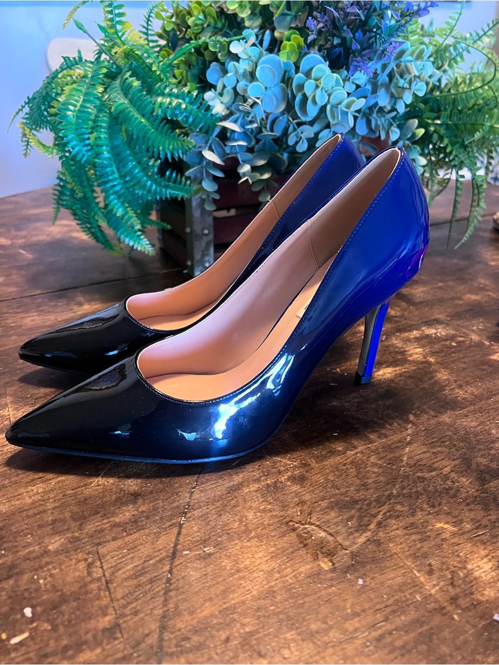 Two-Tone Patent Pointed-Toe Stiletto Pumps in Black and Blue